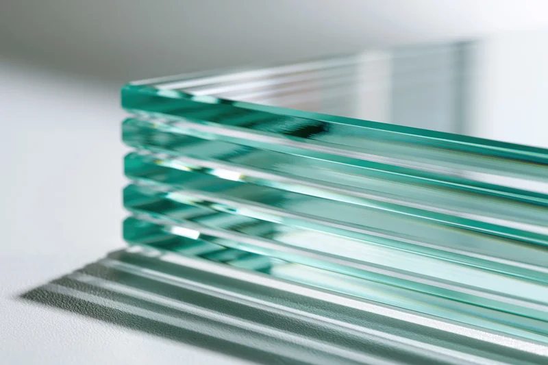 Stack of clear tempered glass sheets leaning at an angle on a white surface