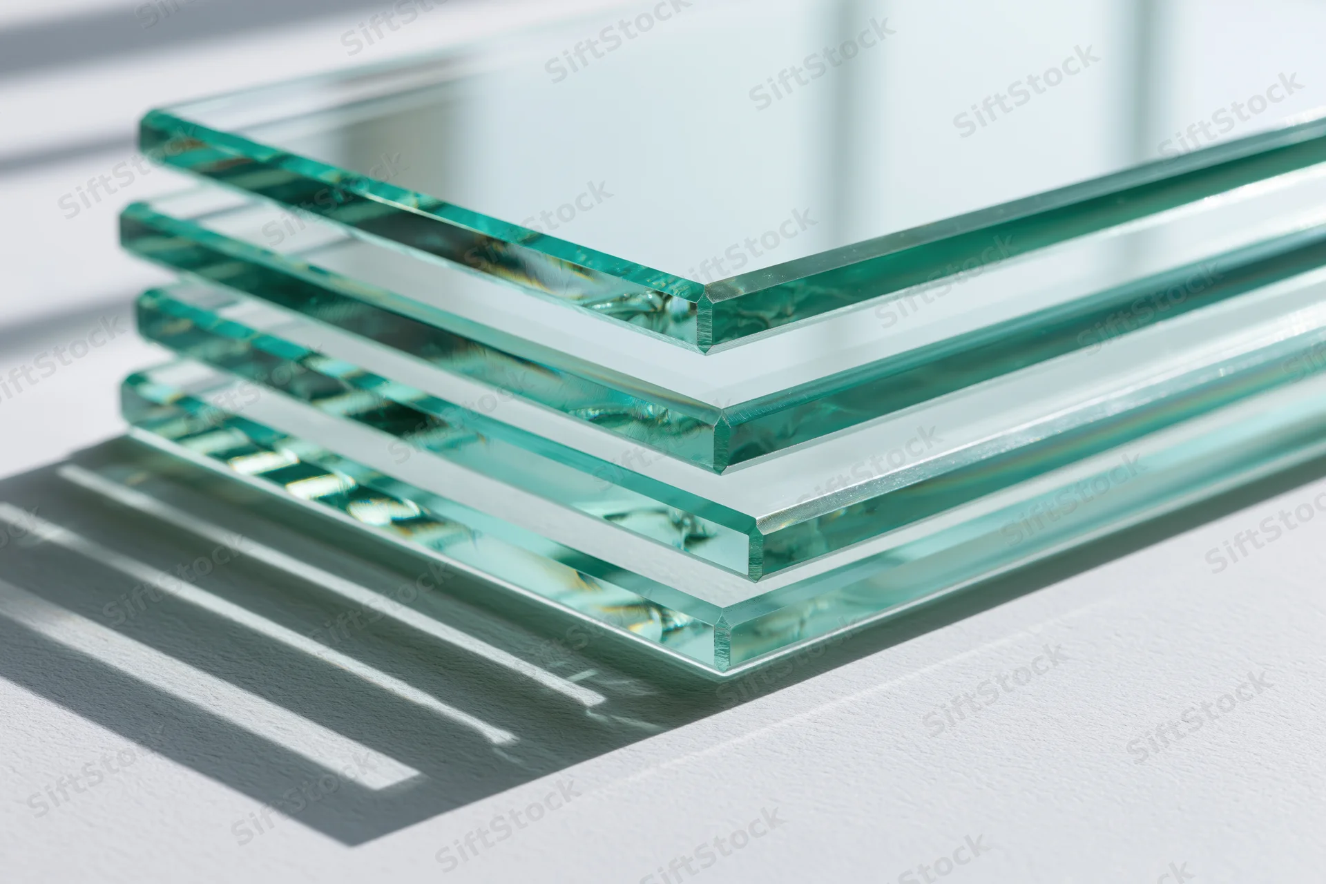 Stack of clear tempered glass sheets leaning at an angle on a white surface