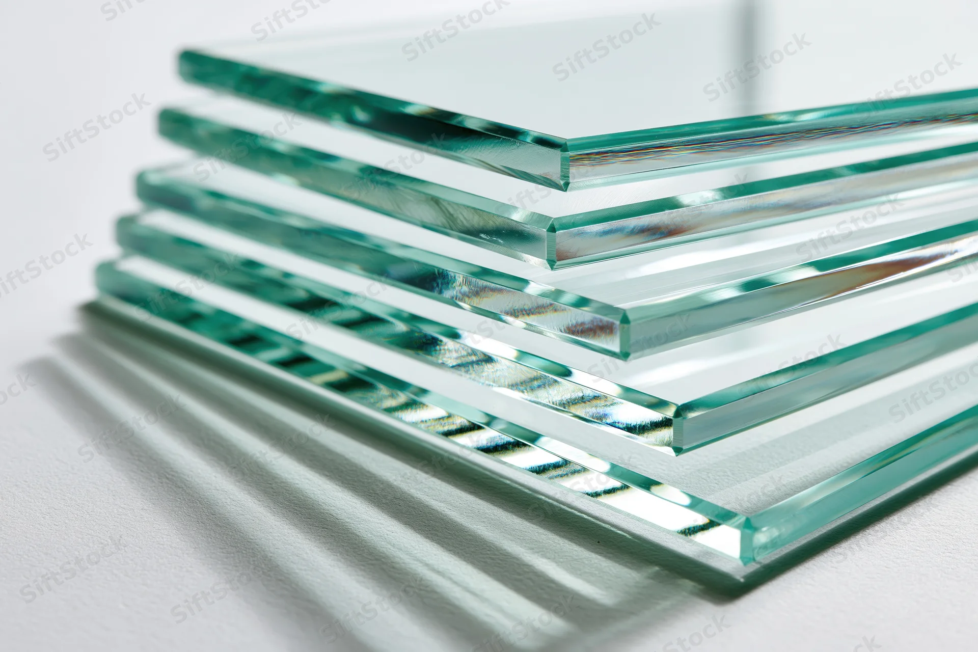 Stack of clear tempered glass sheets leaning at an angle on a white surface
