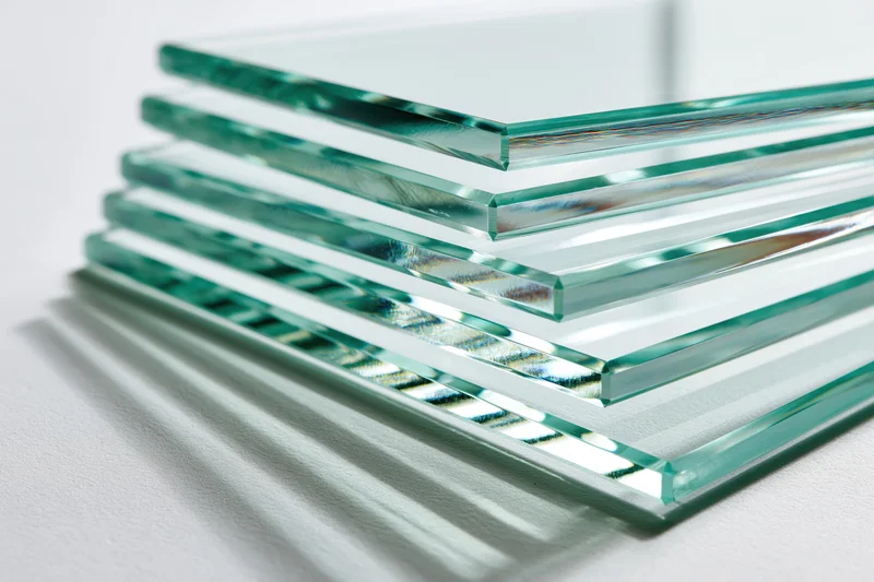Stack of clear tempered glass sheets leaning at an angle on a white surface