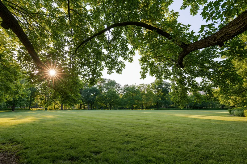 Sunlight bursting through tree canopy over a grassy park field