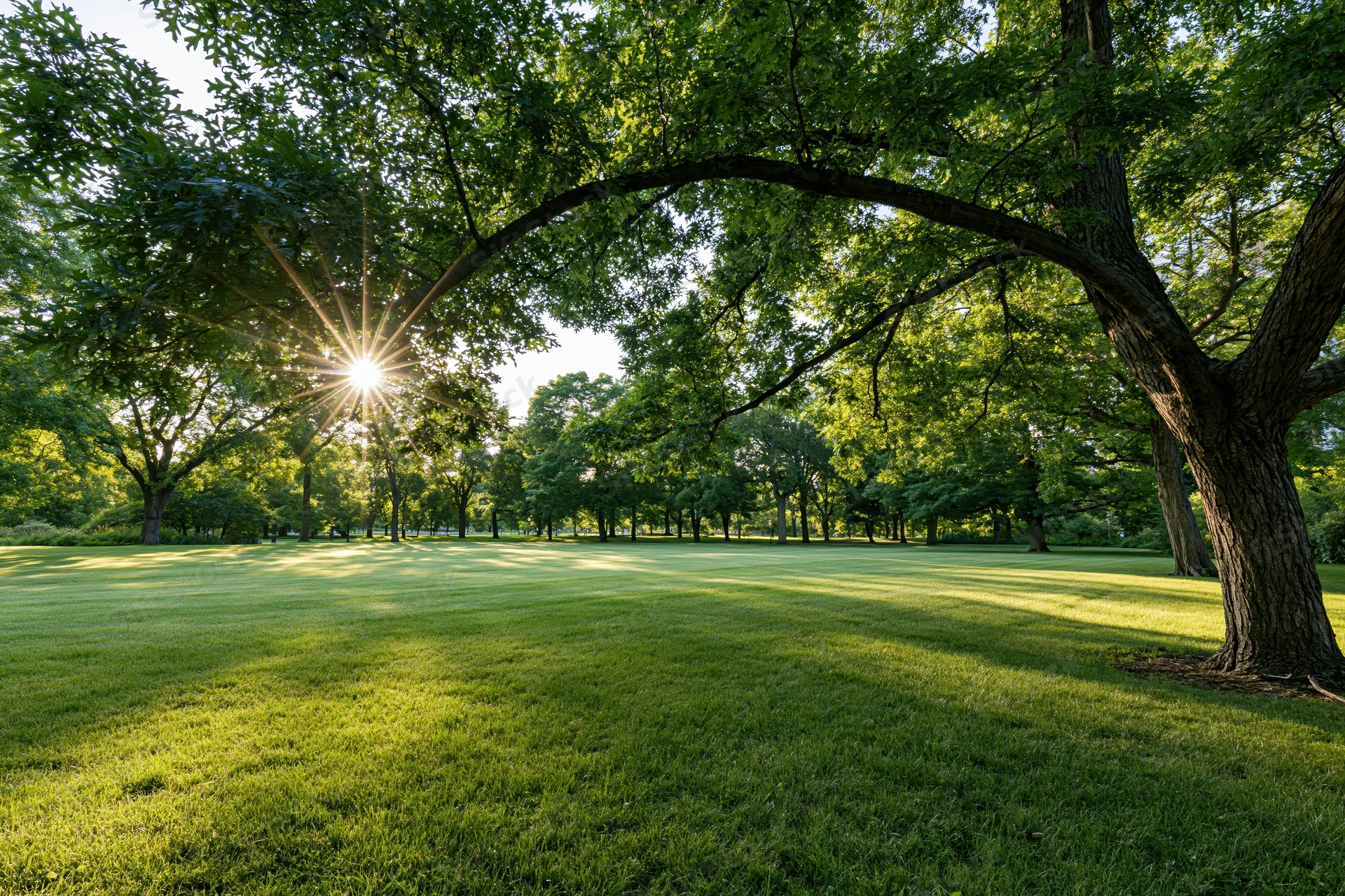 Sunlight bursting through tree canopy over a green lawn in an open park
