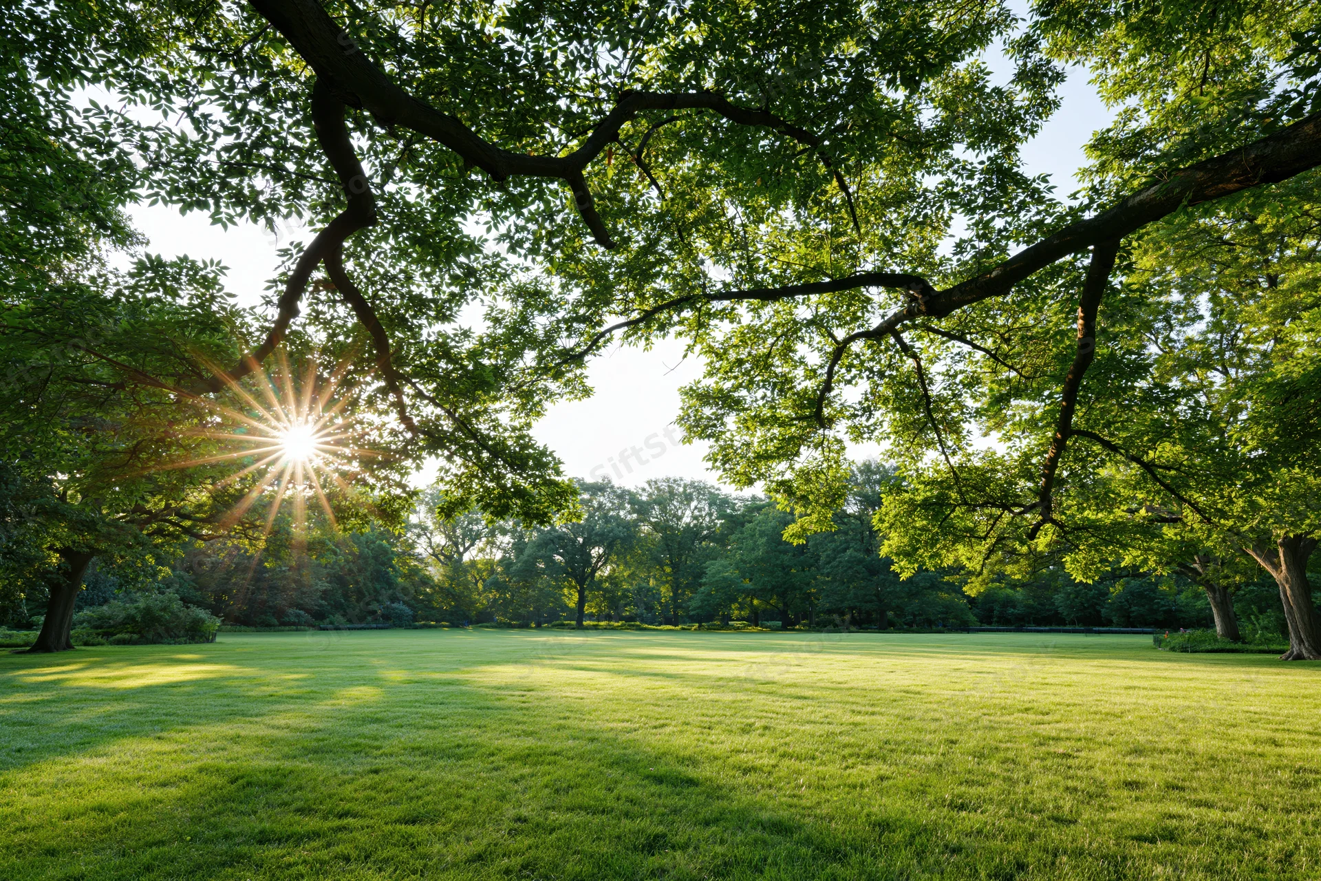 Sunlight bursting through tree canopy over a green lawn in an open park