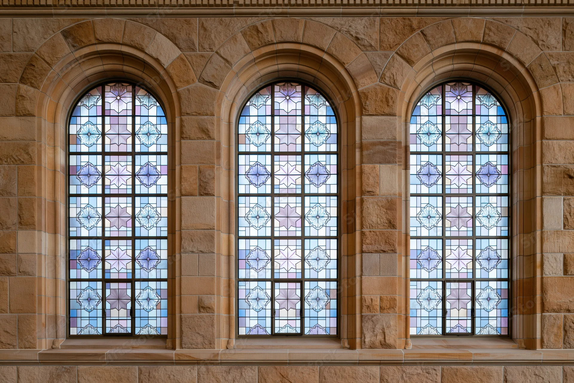Three tall arched stained glass windows side by side on a stone building facade