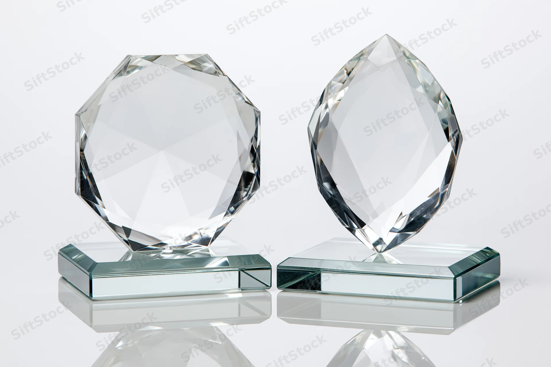 Two blank crystal glass trophies side by side on reflective bases