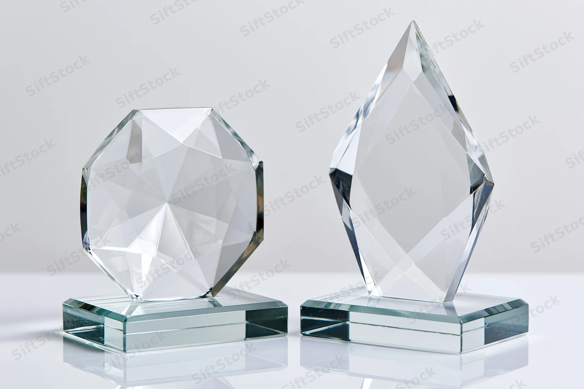 Two blank crystal glass trophies side by side on white surface
