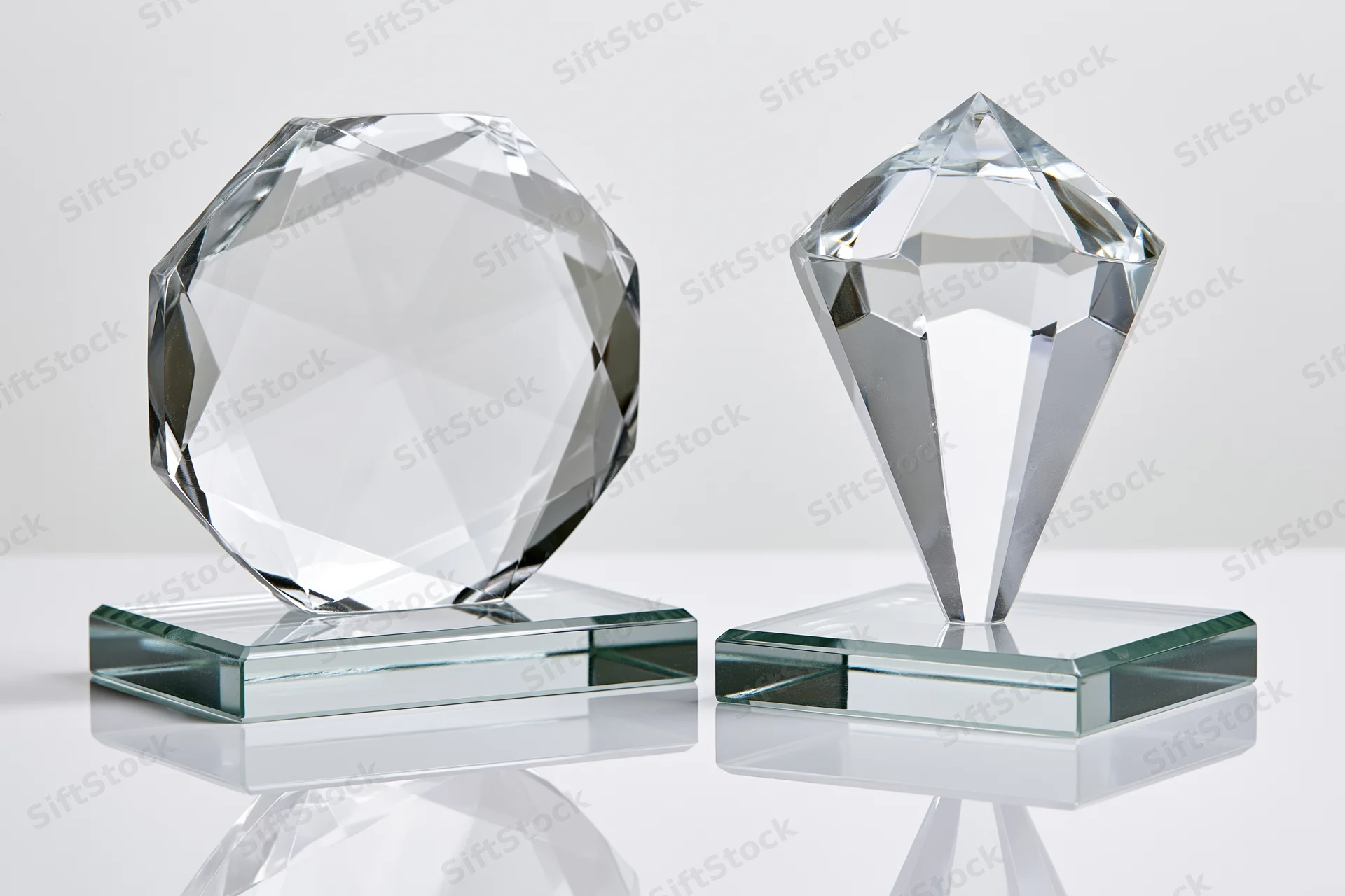 Two blank crystal glass trophies side by side on square bases with faceted octagonal and diamond shapes, reflecting light on a white surface