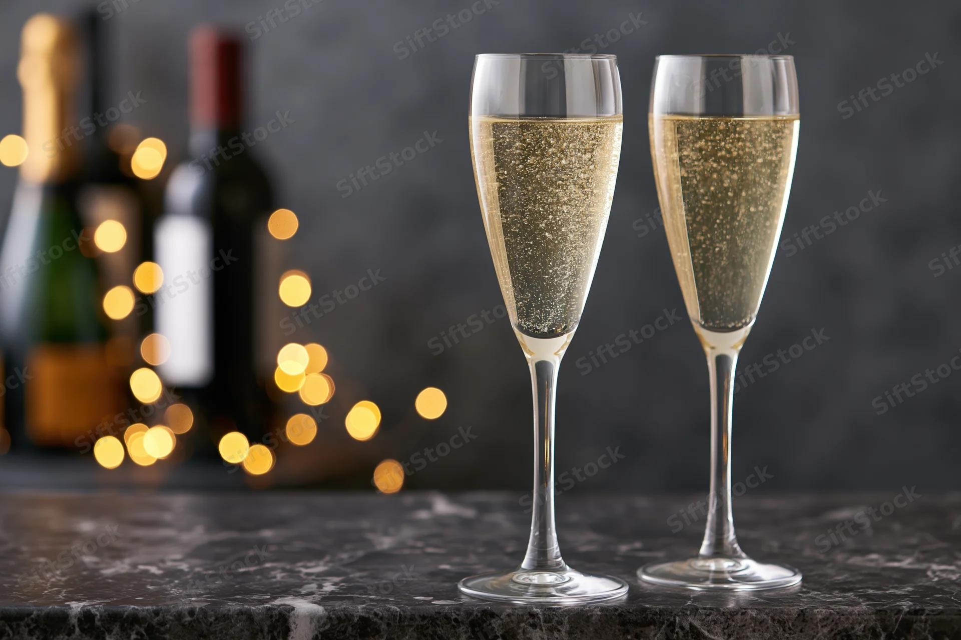 Two champagne flutes filled with sparkling wine and rising bubbles on a dark marble table with blurred bottles and warm bokeh lights behind