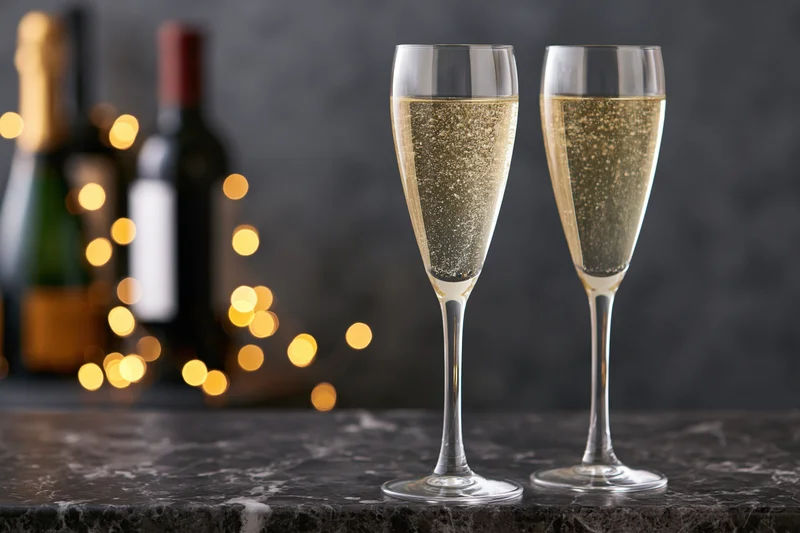 Two champagne flutes filled with sparkling wine and rising bubbles on a dark marble table with blurred bottles and warm bokeh lights behind