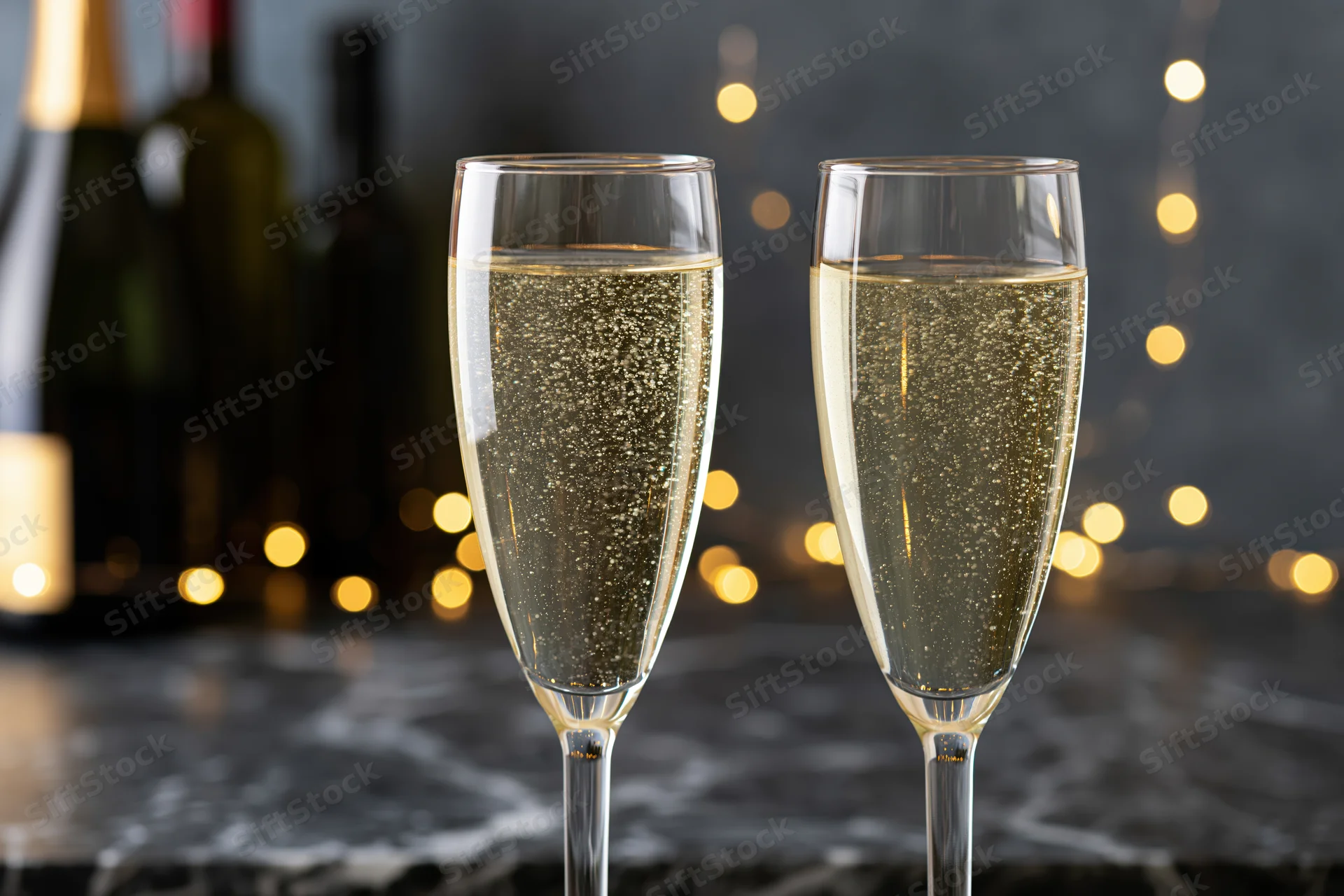 Two champagne flutes filled with sparkling wine and rising bubbles on a marble surface with blurred lights in the background