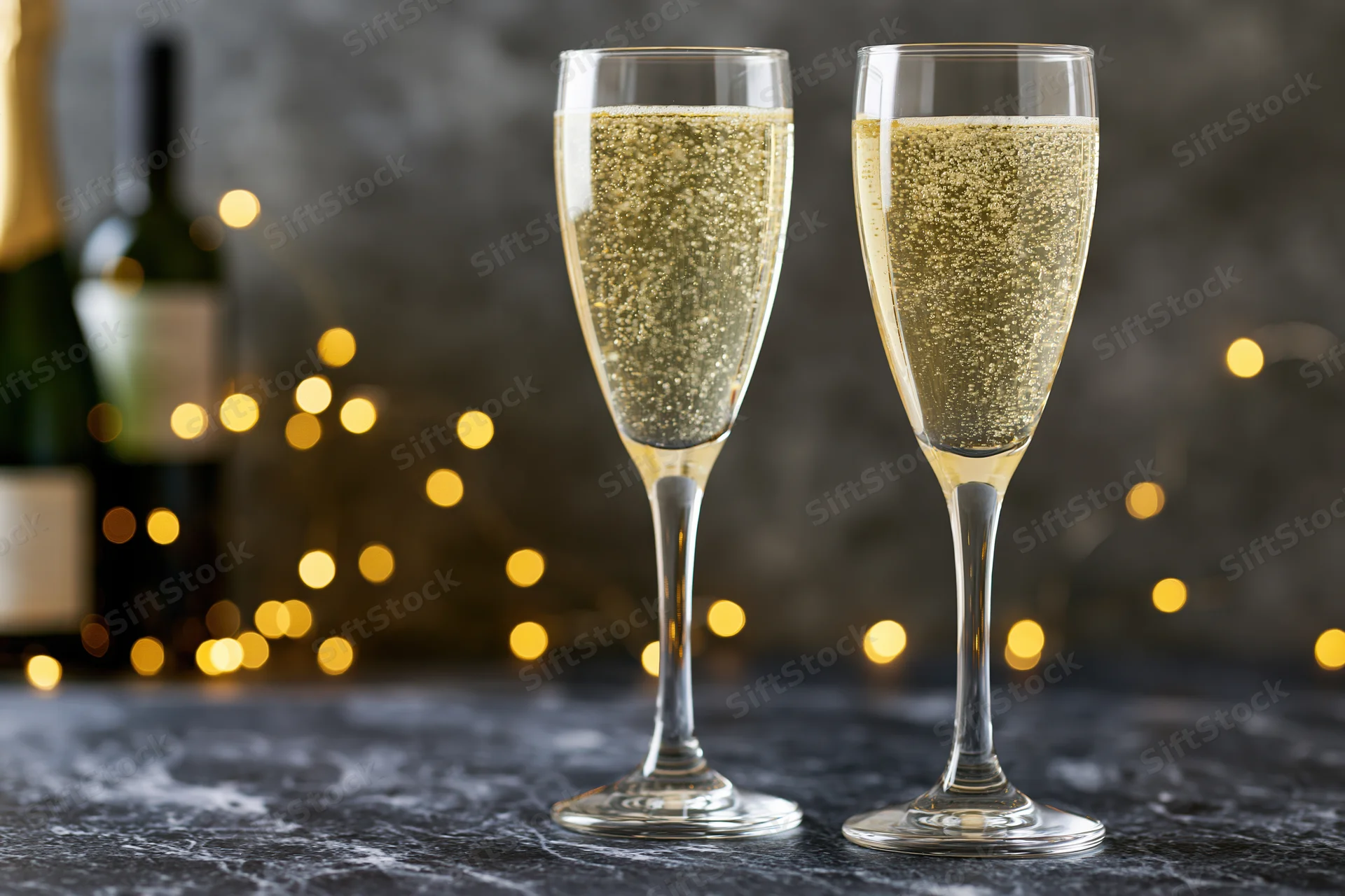 Two champagne flutes filled with sparkling wine and rising bubbles on a dark stone table with blurred festive lights in the background