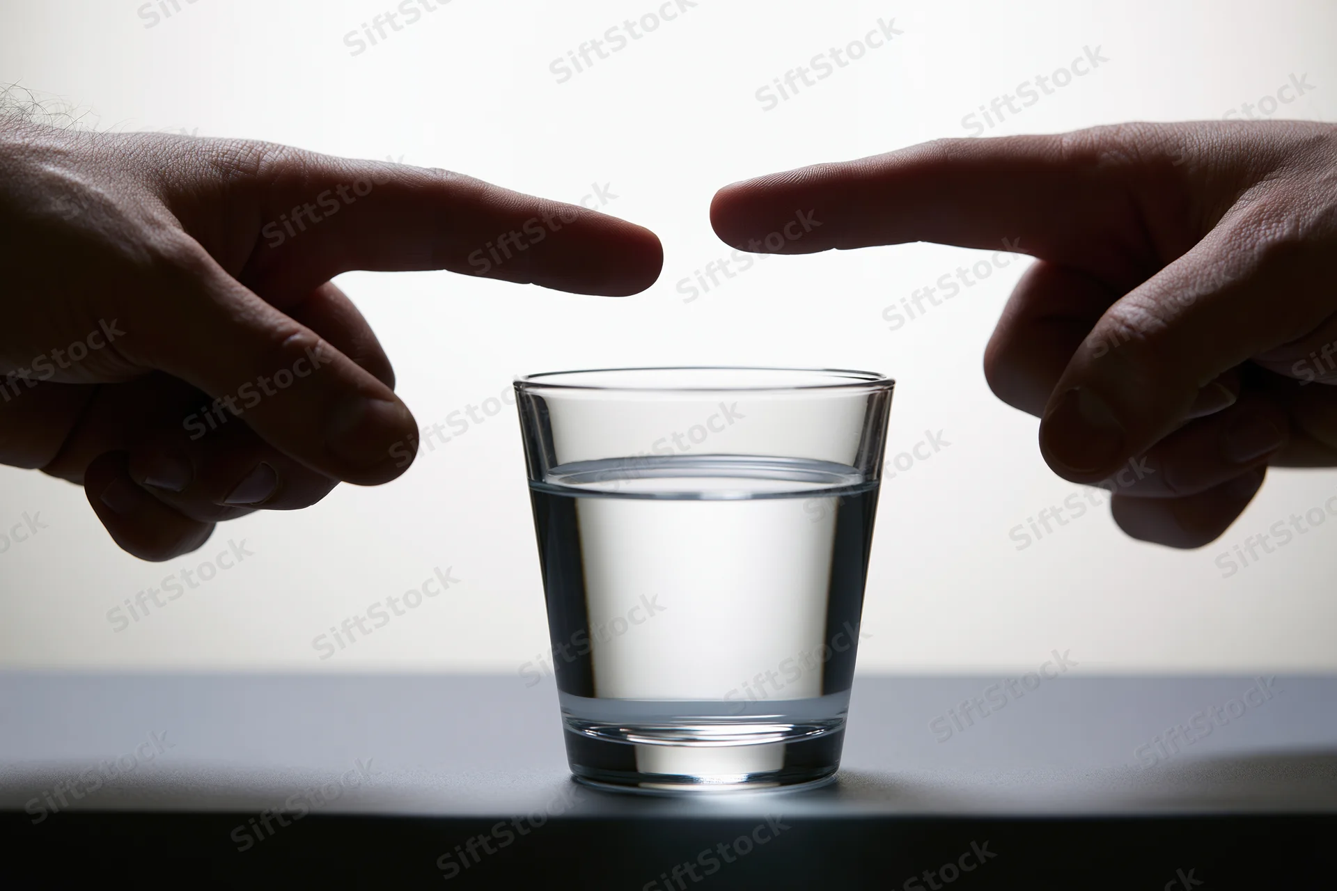 Two hands pointing index fingers toward a half-filled glass of water on a table