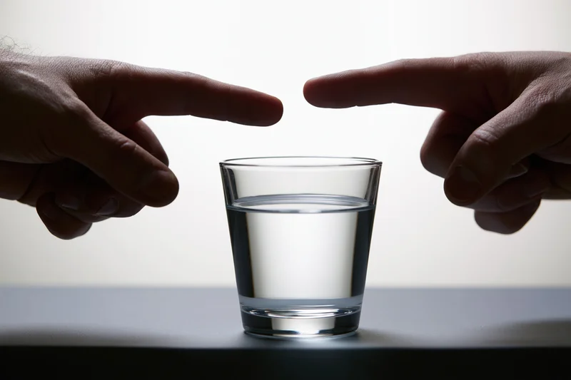 Two hands pointing index fingers toward a half-filled glass of water on a table