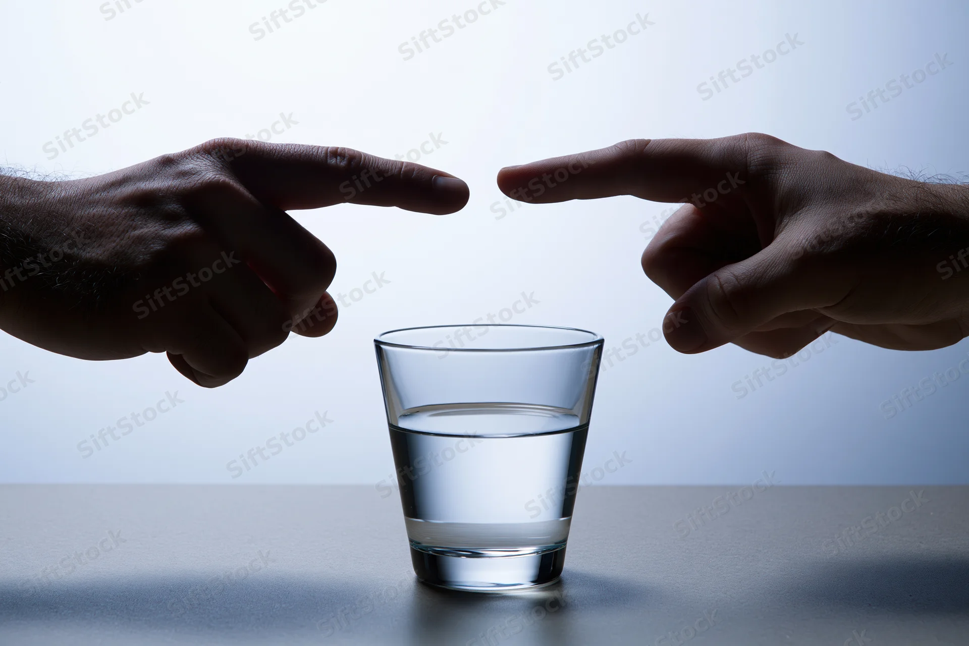 Two hands pointing index fingers toward a half-filled glass of water on a table