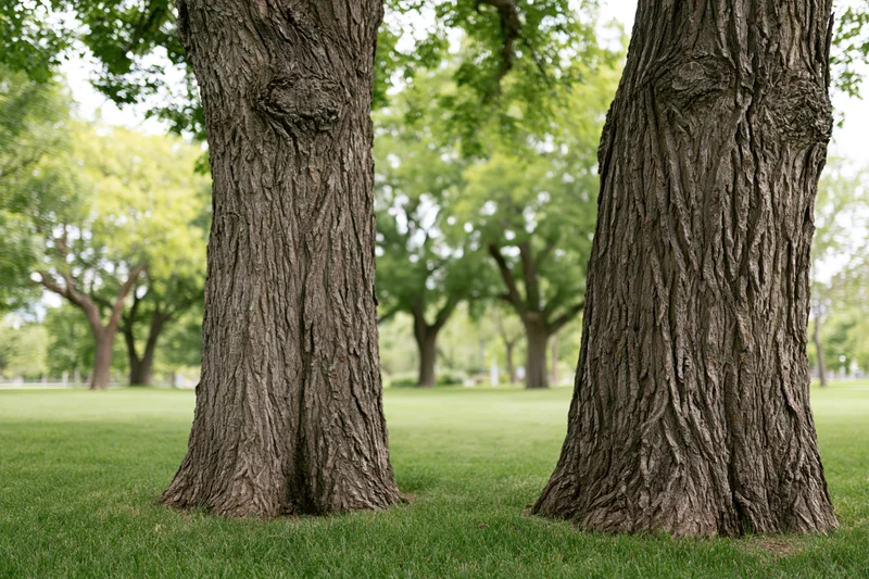 Two large tree trunks with rough textured bark rising from a grassy park lawn