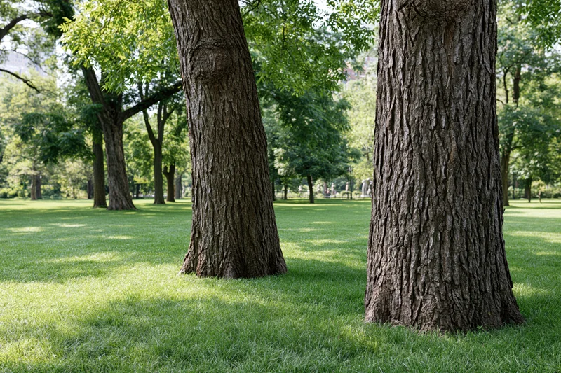 Large tree trunks with rough bark rising from a grassy park lawn