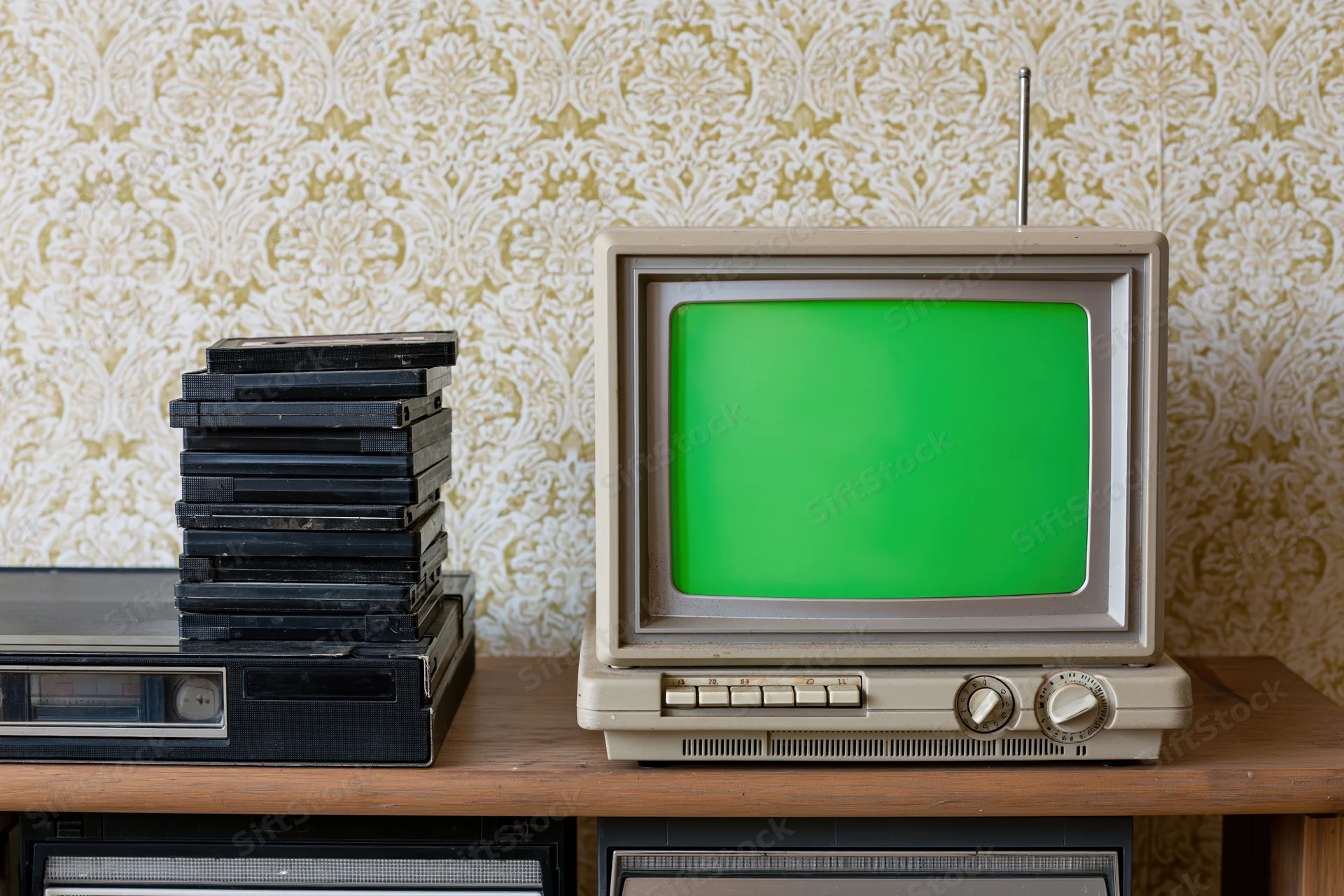 Vintage portable crt television with green chroma key screen on wooden table beside stack of vhs tapes and video recorder