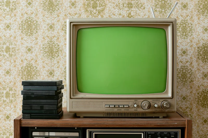 Vintage portable crt television with green screen on wooden console beside stack of vhs tapes