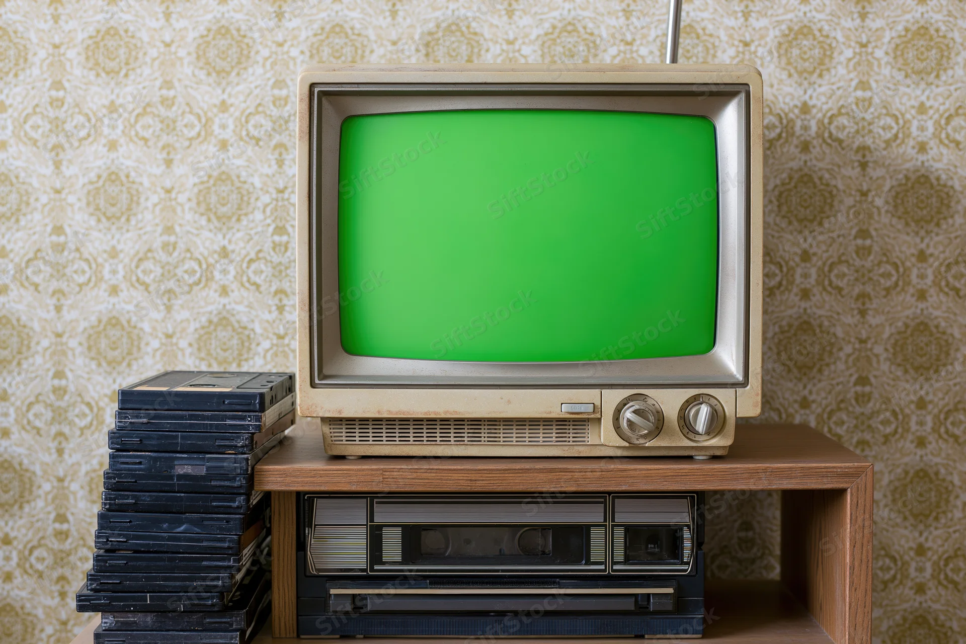 Vintage portable crt television with green screen on wooden cabinet beside stack of vhs tapes and video recorder