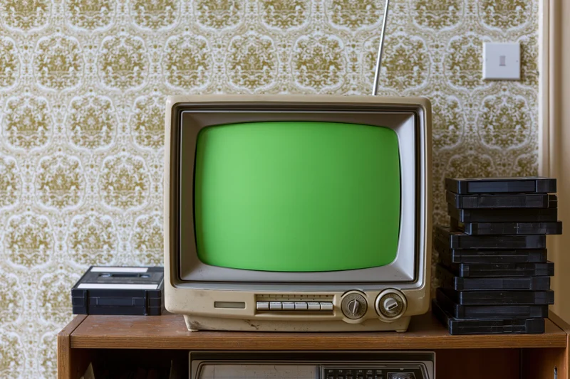 Vintage portable crt television with green screen on wooden cabinet beside stack of vhs tapes
