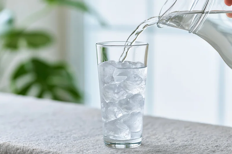 Water being poured from a glass pitcher into a tall glass filled with ice on a towel-covered surface near a green plant