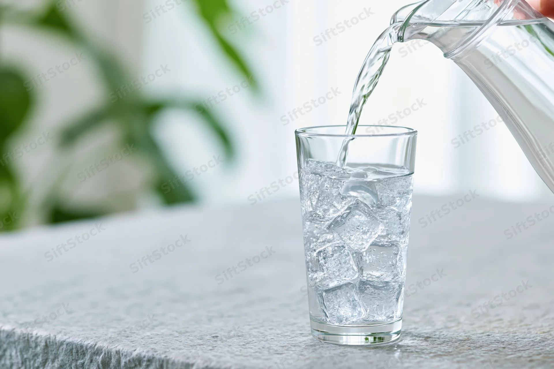 Water being poured from a glass pitcher into a tall clear glass with ice on a countertop