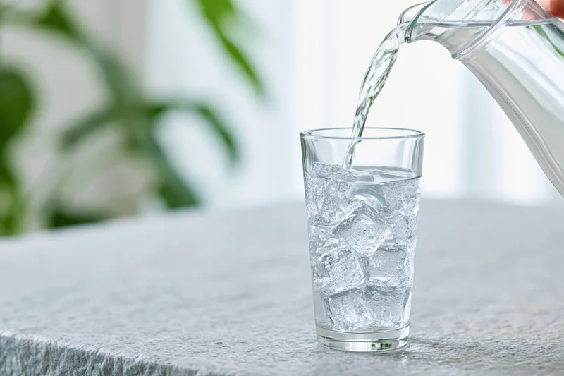 Water being poured from a glass pitcher into a tall clear glass with ice on a countertop