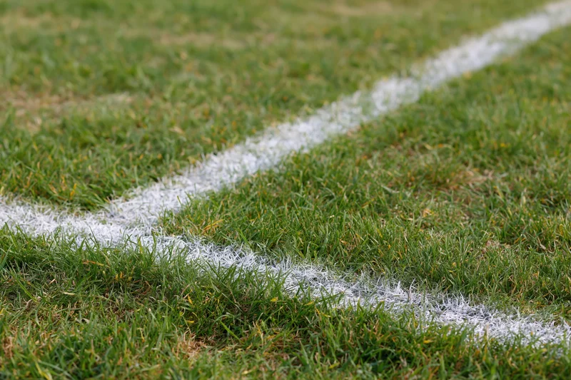 White painted boundary lines intersecting at a corner on a grass sports field