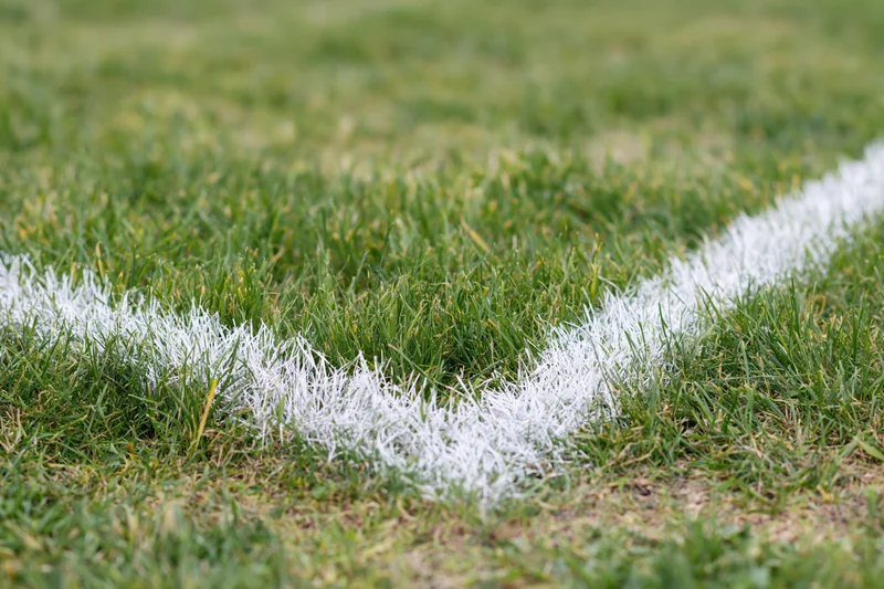 White painted boundary lines intersecting at a corner on a grass sports field