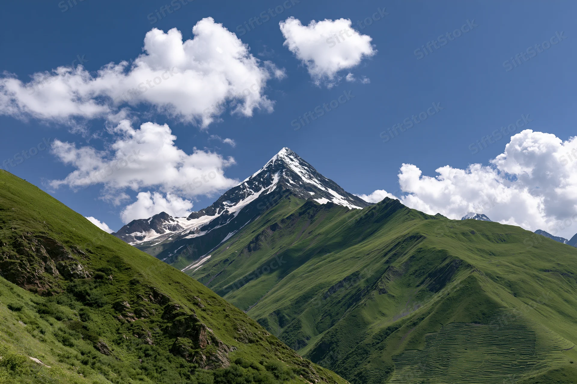 Snow-capped mountain peak rising above green alpine valley under blue sky with scattered clouds