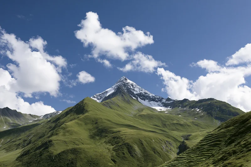 Snow-capped mountain peak rising above green alpine slopes under a blue sky with scattered clouds