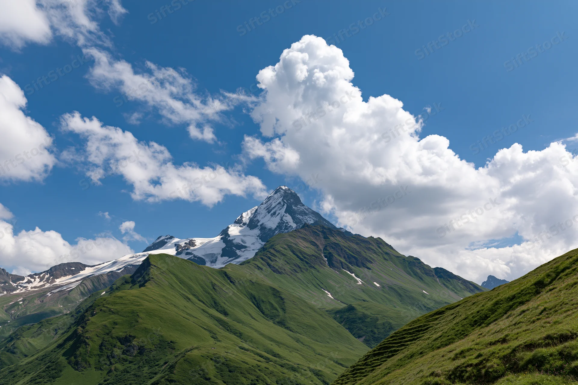 Snow-capped mountain peak rising above green alpine slopes under a blue sky with white clouds