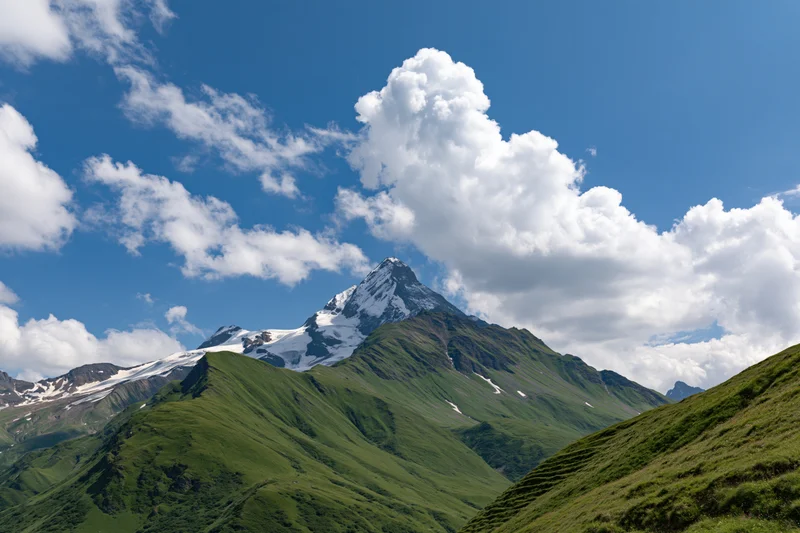 Snow-capped mountain peak rising above green alpine slopes under a blue sky with white clouds
