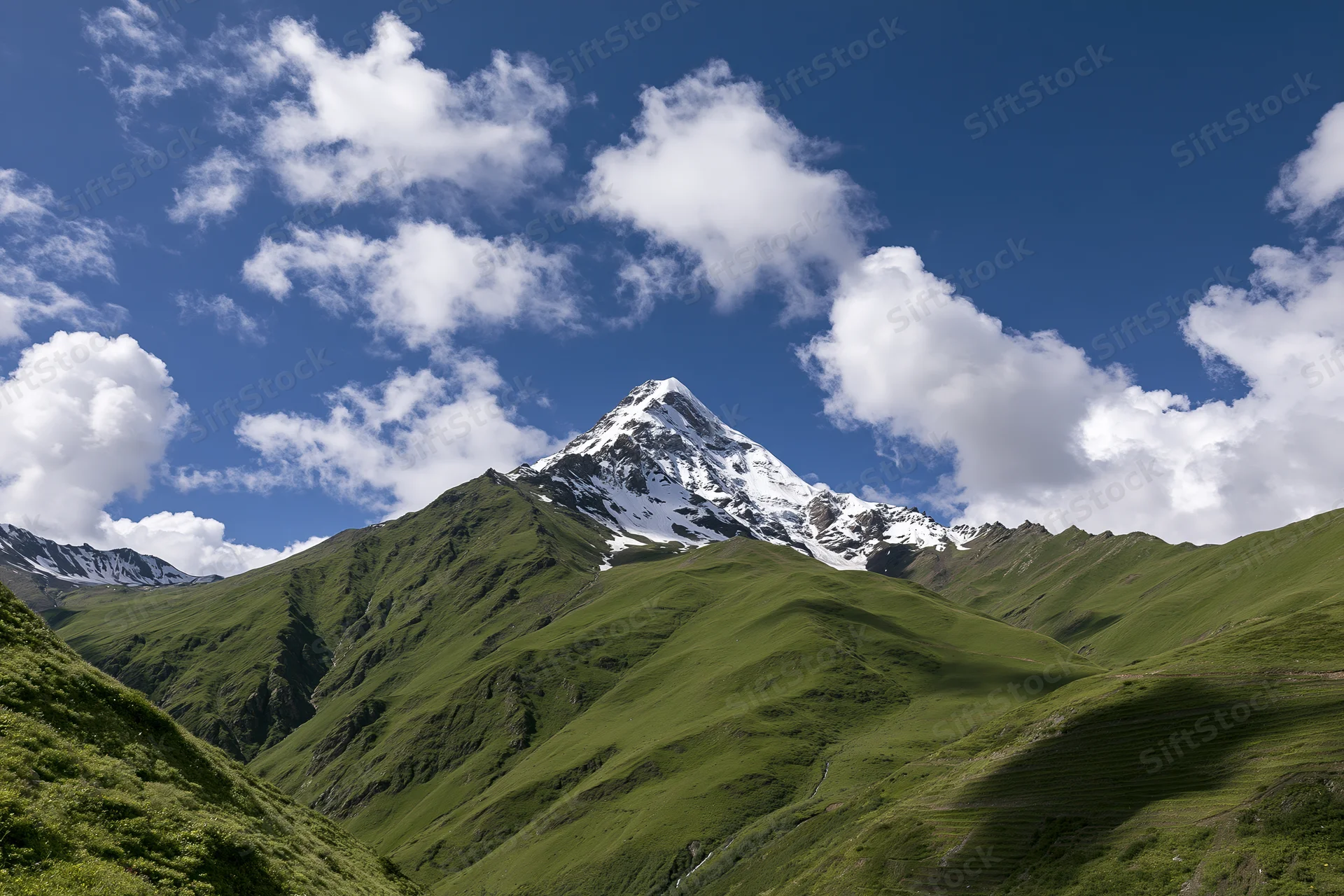 Snow-capped mountain peak rising above green alpine slopes under a blue sky with scattered clouds