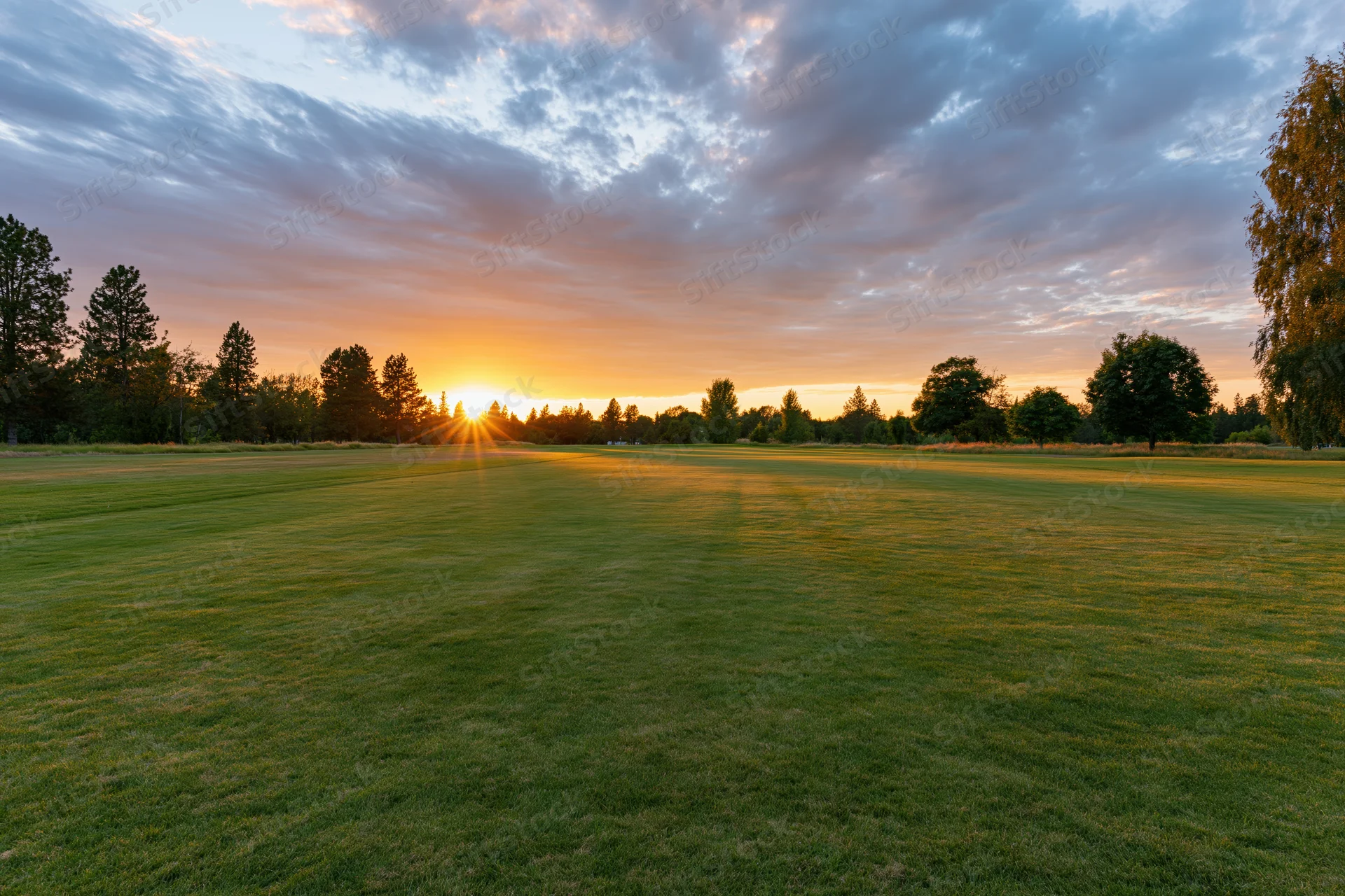 Wide open golf course fairway at sunset with low sun bursting through trees on the horizon
