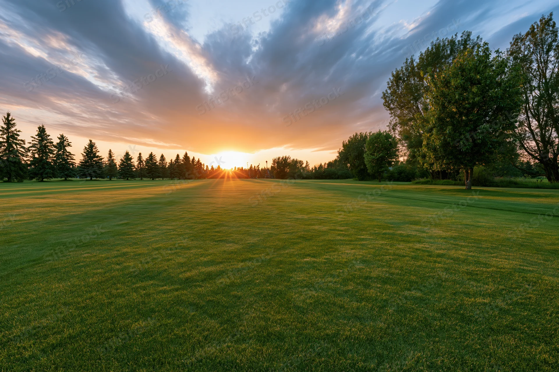 Wide open golf course fairway at sunset with low sun bursting through trees on horizon