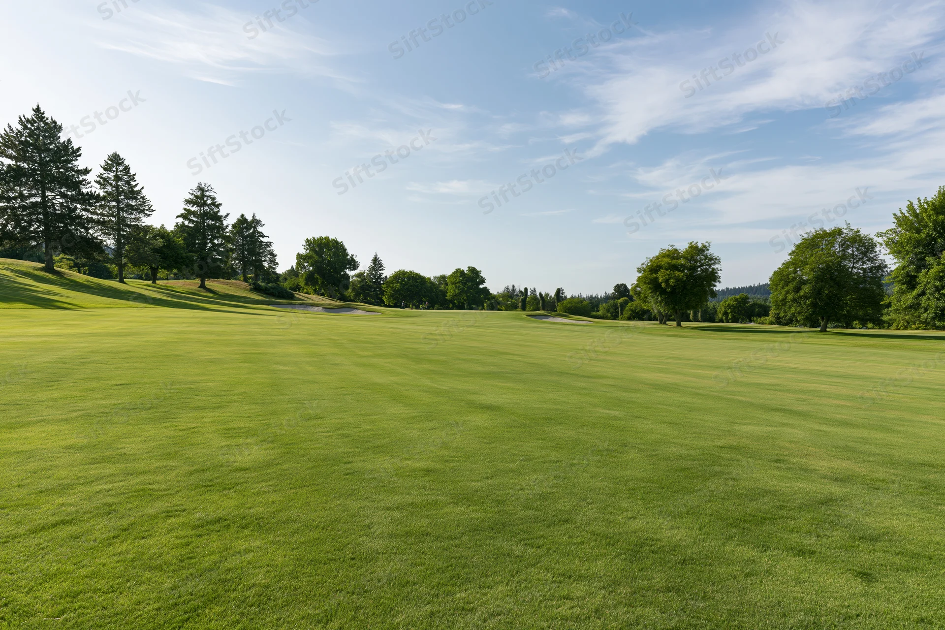 Wide open golf course fairway with rolling green grass and scattered trees under a clear blue sky on a sunny summer day