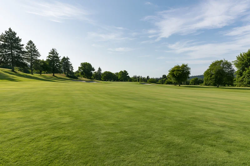 Wide open golf course fairway with rolling green grass and scattered trees under a clear blue sky on a sunny summer day