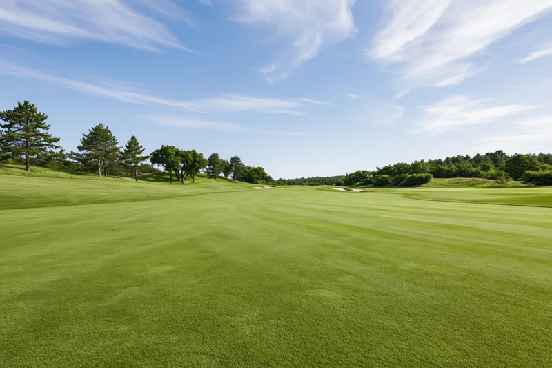 Wide open golf course fairway under clear blue sky with scattered clouds and surrounding trees on a sunny summer day