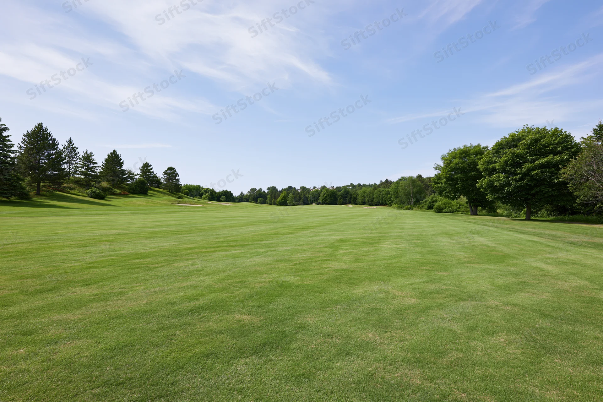 Wide open golf course fairway with mowed grass and trees under a clear blue sky on a summer day