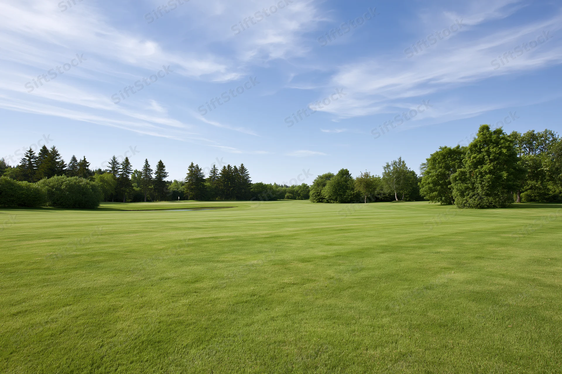 Wide open golf course fairway with mowed green grass and trees under a clear blue sky on a summer day