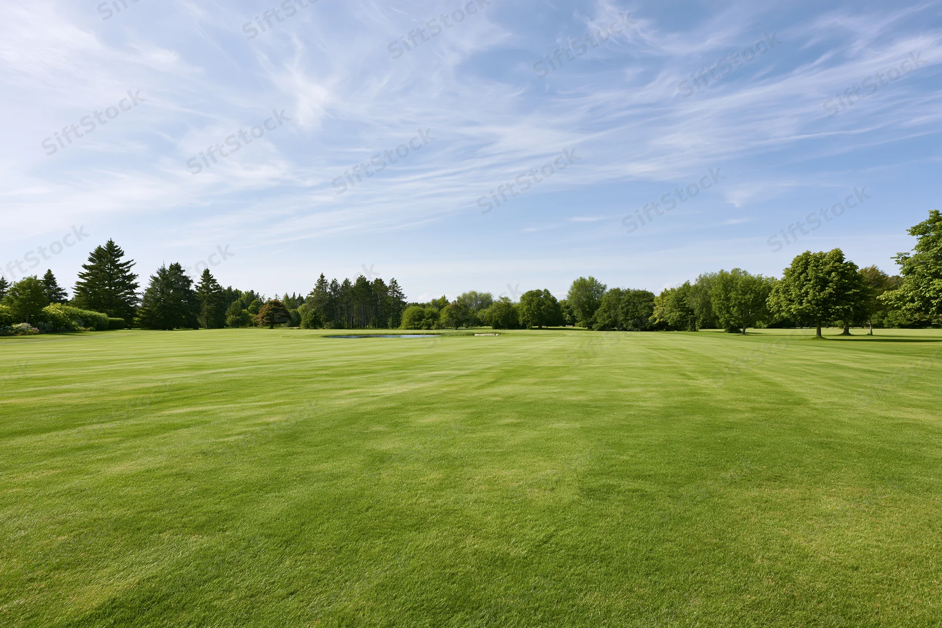 Wide open golf course fairway with mowed grass and trees under clear blue sky on a summer day