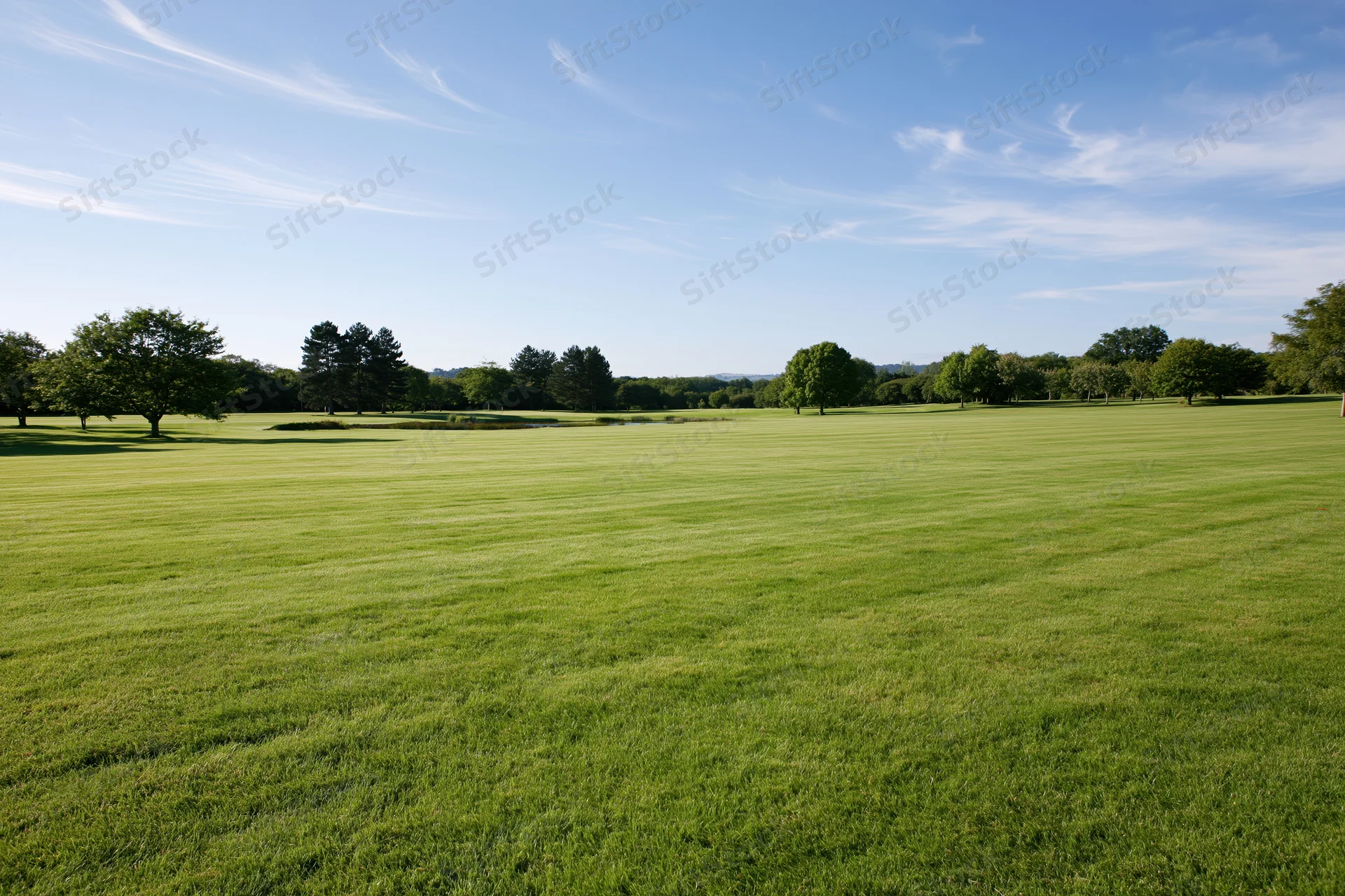 Wide open golf course fairway with mowed grass and scattered trees under a clear blue sky on a summer day