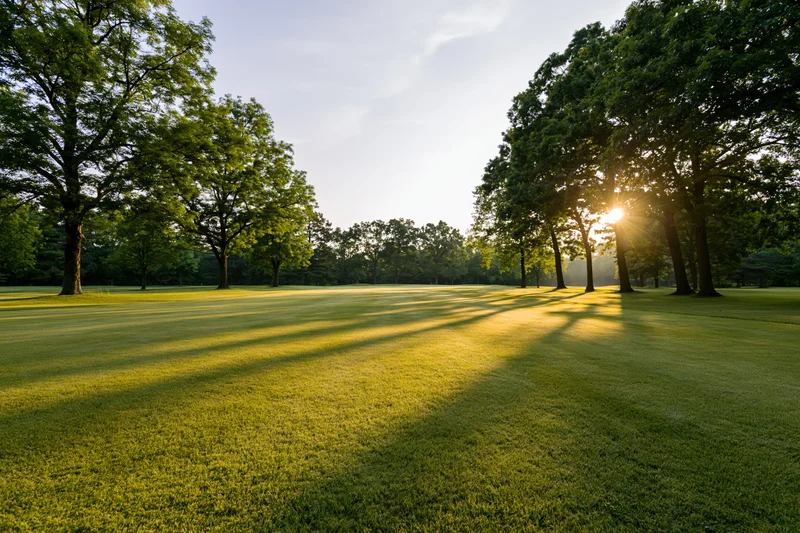 Wide open golf course fairway stretching toward a tree line at golden hour with sunlight filtering through trees casting long shadows on the grass