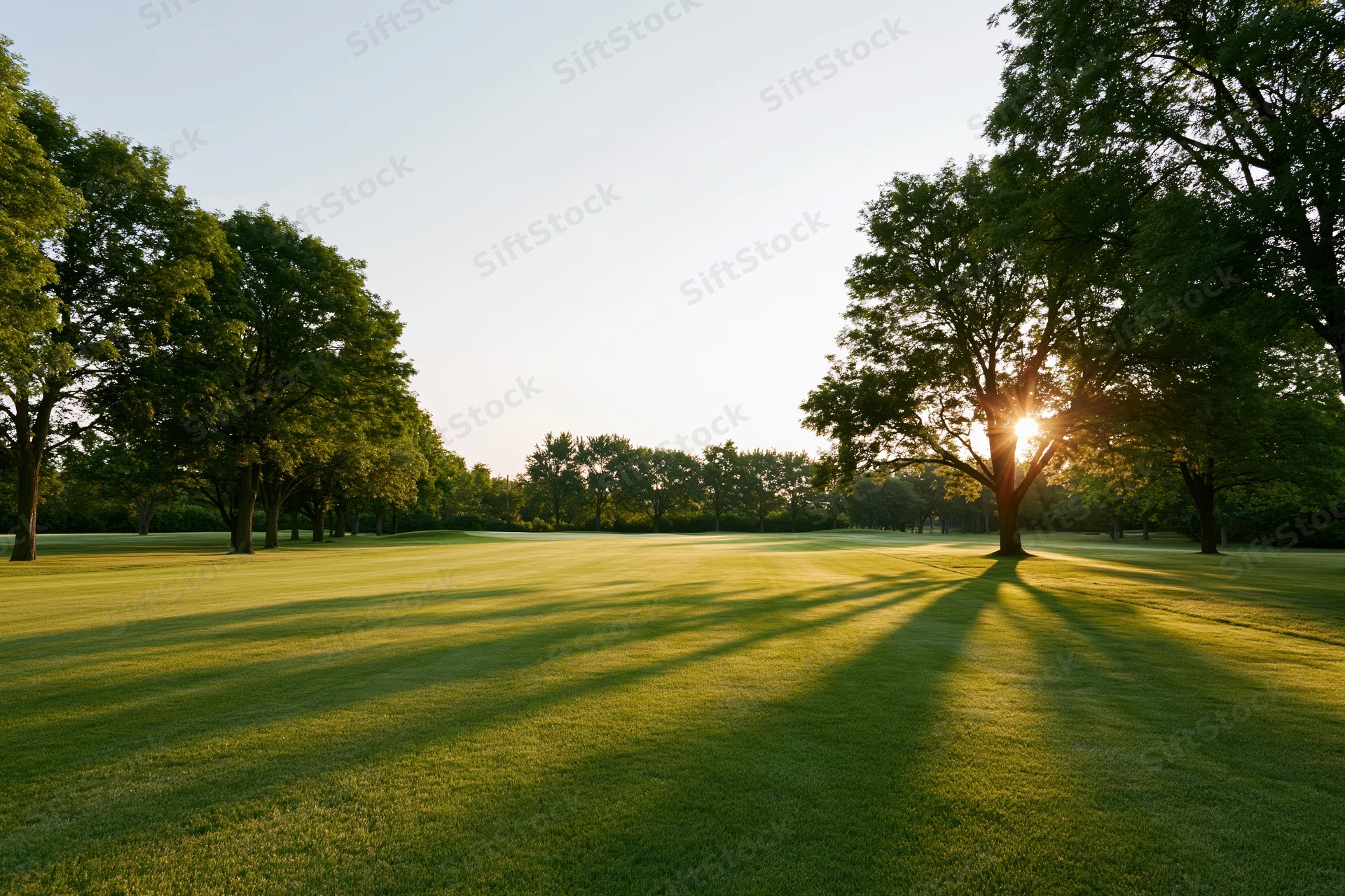 Wide open golf course fairway stretching toward a tree line with sunlight filtering through trees casting long shadows on the green grass