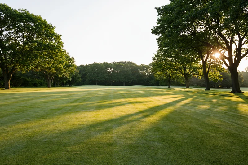 Wide open golf course fairway stretching toward a tree line under golden hour sunlight with long shadows across mowed grass