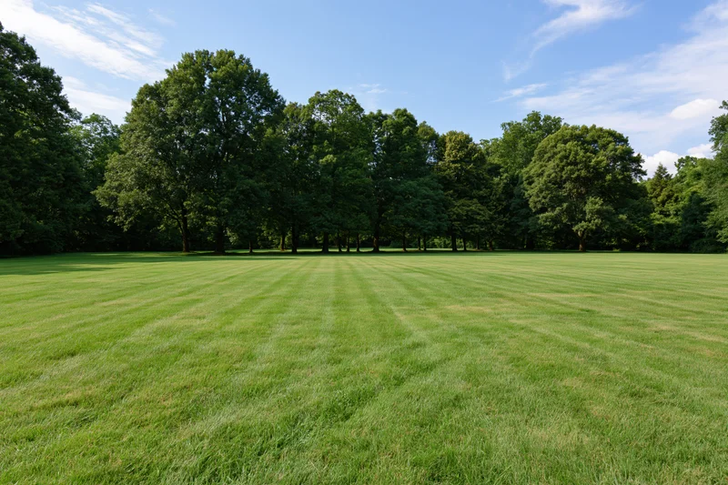 Wide open mowed lawn with striped grass pattern bordered by trees under blue sky