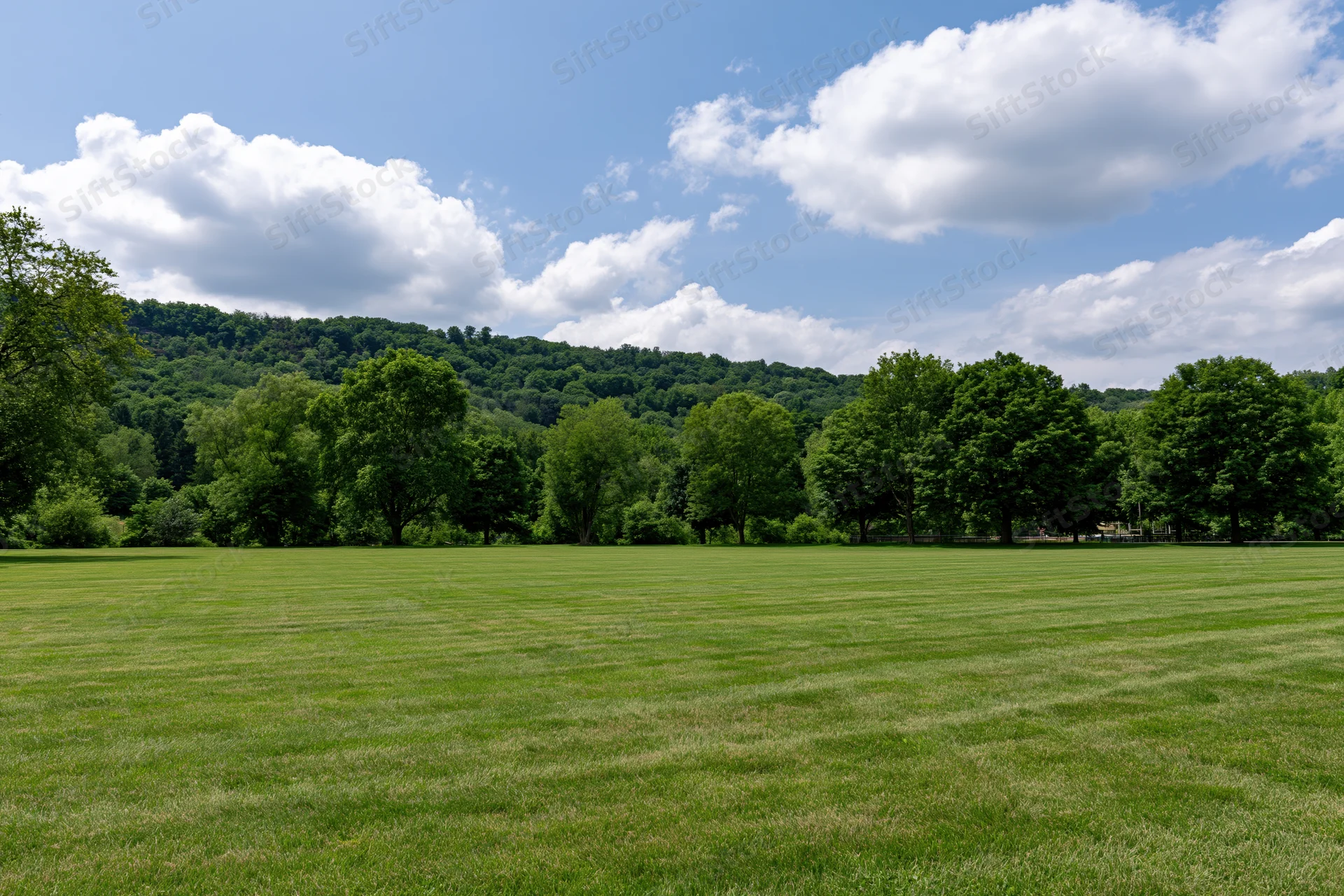 Neatly trimmed grass lawn stretching toward a tree-lined hill under a partly cloudy sky