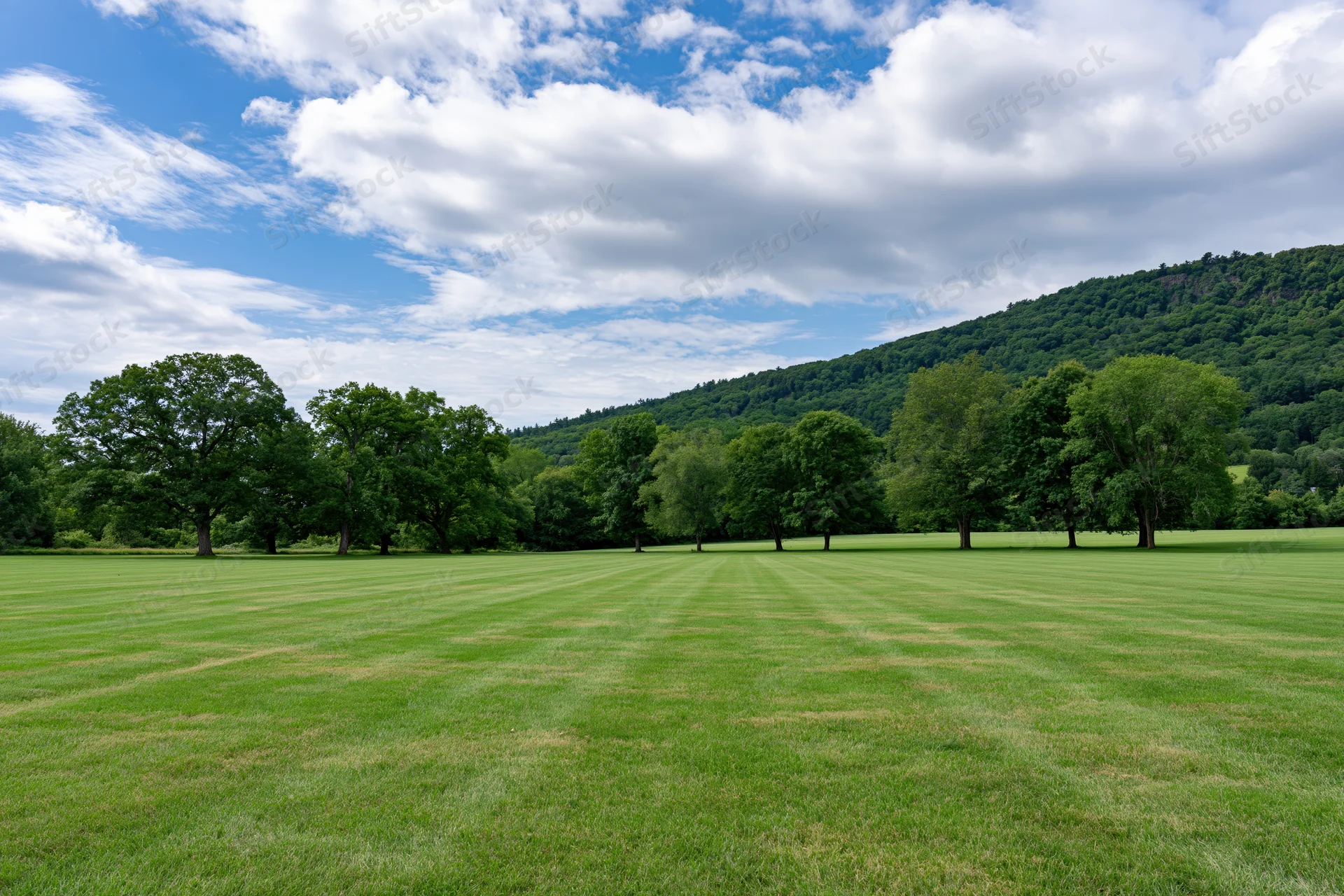 Neatly trimmed grass lawn stretching toward a line of trees and forested hill under a blue sky with clouds