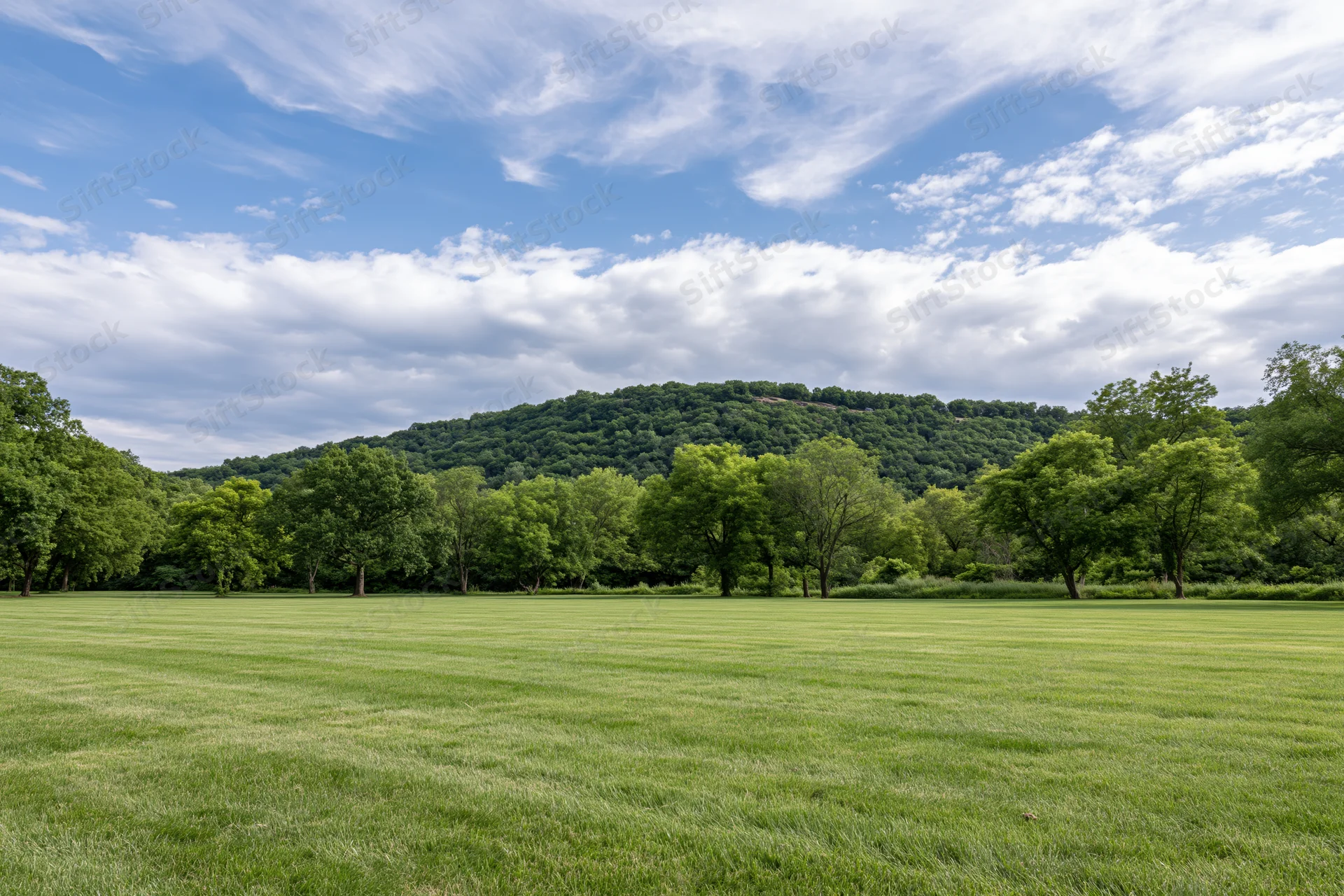 Neatly trimmed grass lawn stretching toward a tree-covered hill under a partly cloudy blue sky